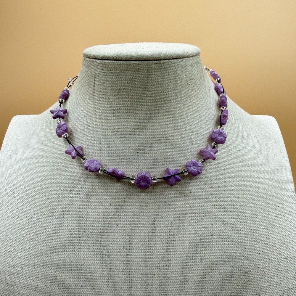 Purple Floral Star Bead Necklace Silver Tone Boho Cottagecore Coquette Gift